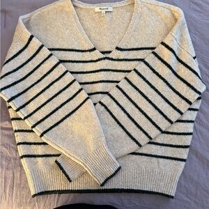 Madewell Cream and Black Striped V-Neck Sweater